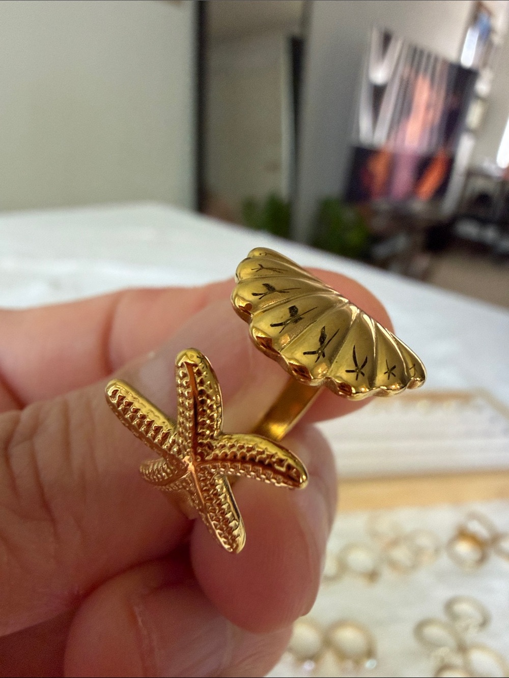 Gold Filled Starfish and Shell Double Ring - Women Jewelry